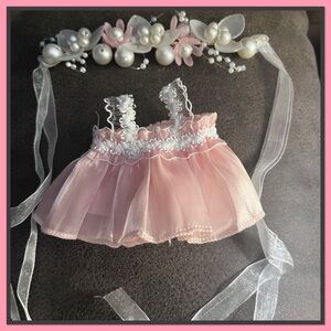 Labubu Pink Tulle Dress and a Hairband with Pearls and Flowers